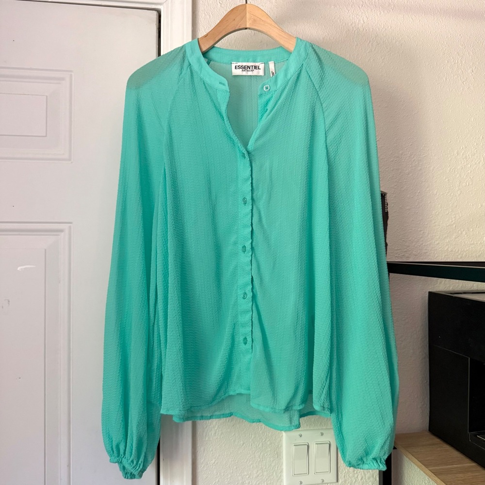 ESSENTIEL ANTWERP aqua mint seafoam sheer crepe puff peasant blouse shirt top
